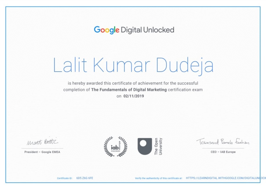 Lalit Kumar Dudeja - Certificate By Google